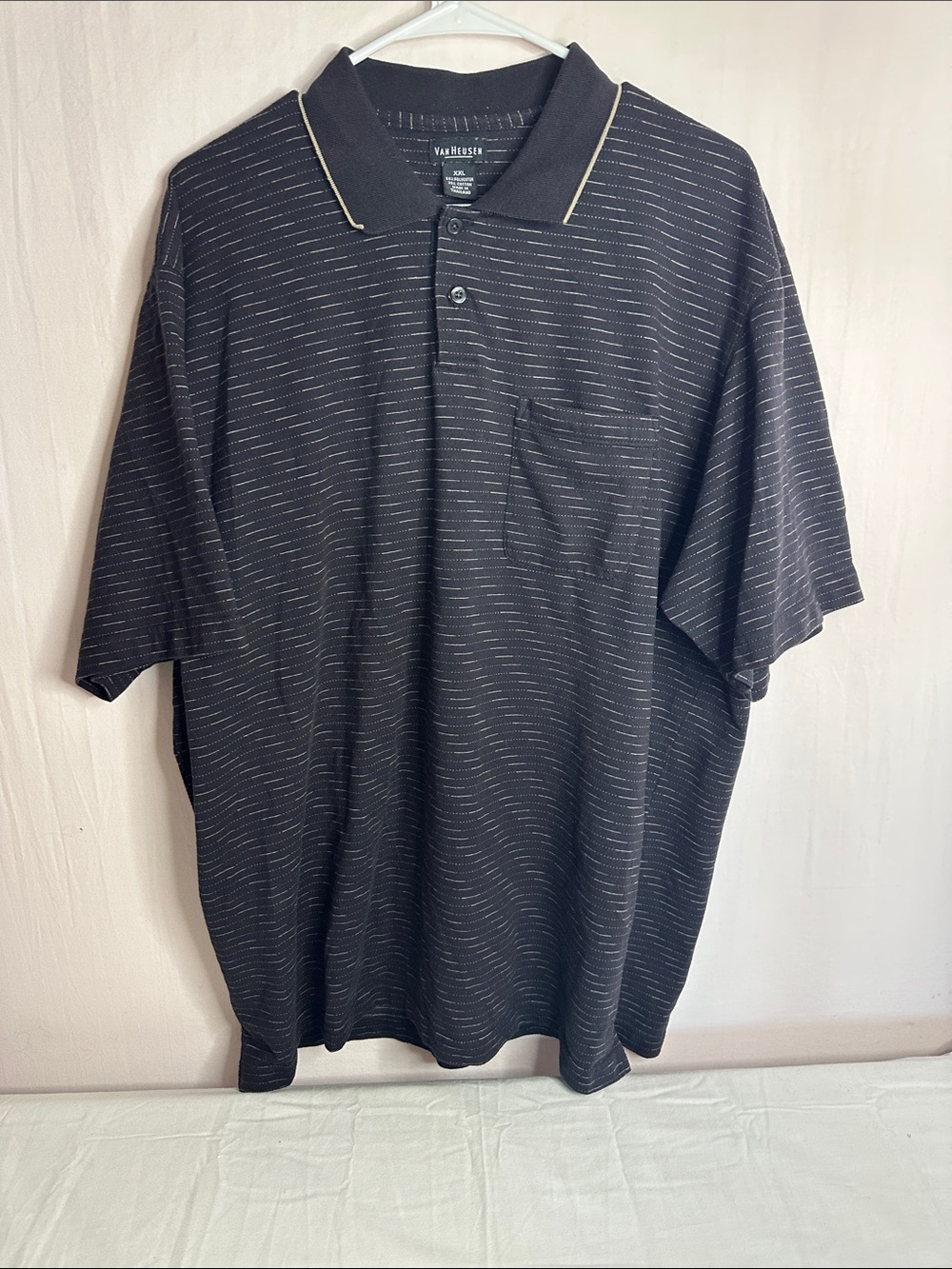 Van Heusen Black Short-Sleeve Polo with Thin Contrast Stripes